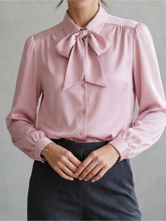 Vintage Tops - Vintage 1970s/80s Mauve Bow Secretary Blouse Silky Pin-Dot *size note* Romantic